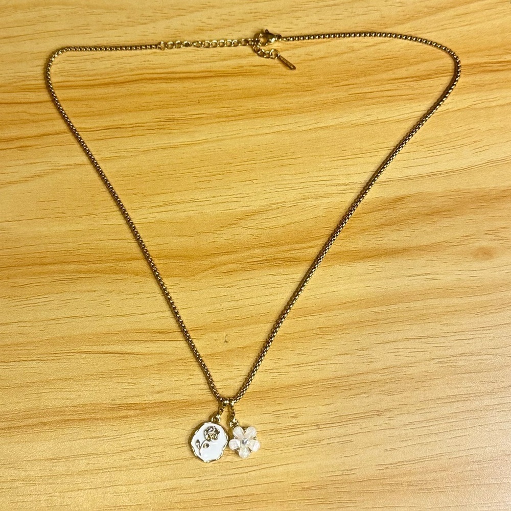 Gold Plated Stainless Steel Necklace w/ White Floral Charms - Picture 3 of 3